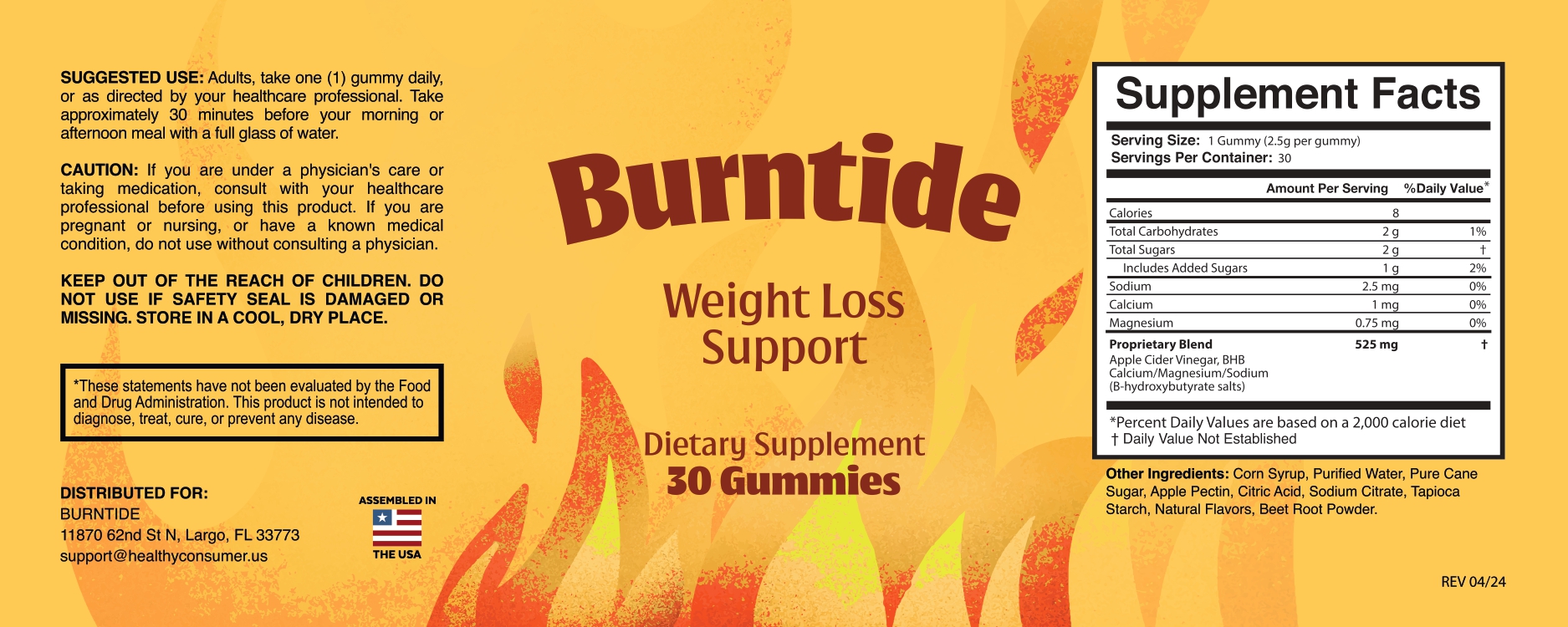 Burntide Supplement Facts — full product label, 30 gummies, 525mg ACV + BHB blend