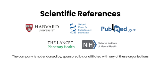 Scientific References — Harvard University, NCBI (National Center for Biotechnology Information), PubMed.gov, The Lancet Planetary Health, NIH (National Institute of Mental Health). The company is not endorsed by, sponsored by, or affiliated with any of these organizations.